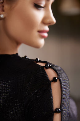 Elegant Evening Dress with Slit Skirt, Fit-and-Flare Silhouette, and Long Sleeves