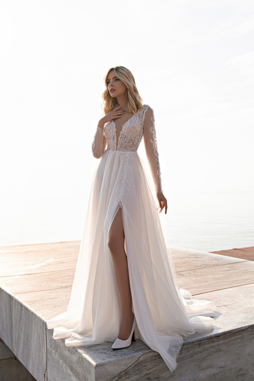 Slit Tulle Wedding Dress with Sweep Train