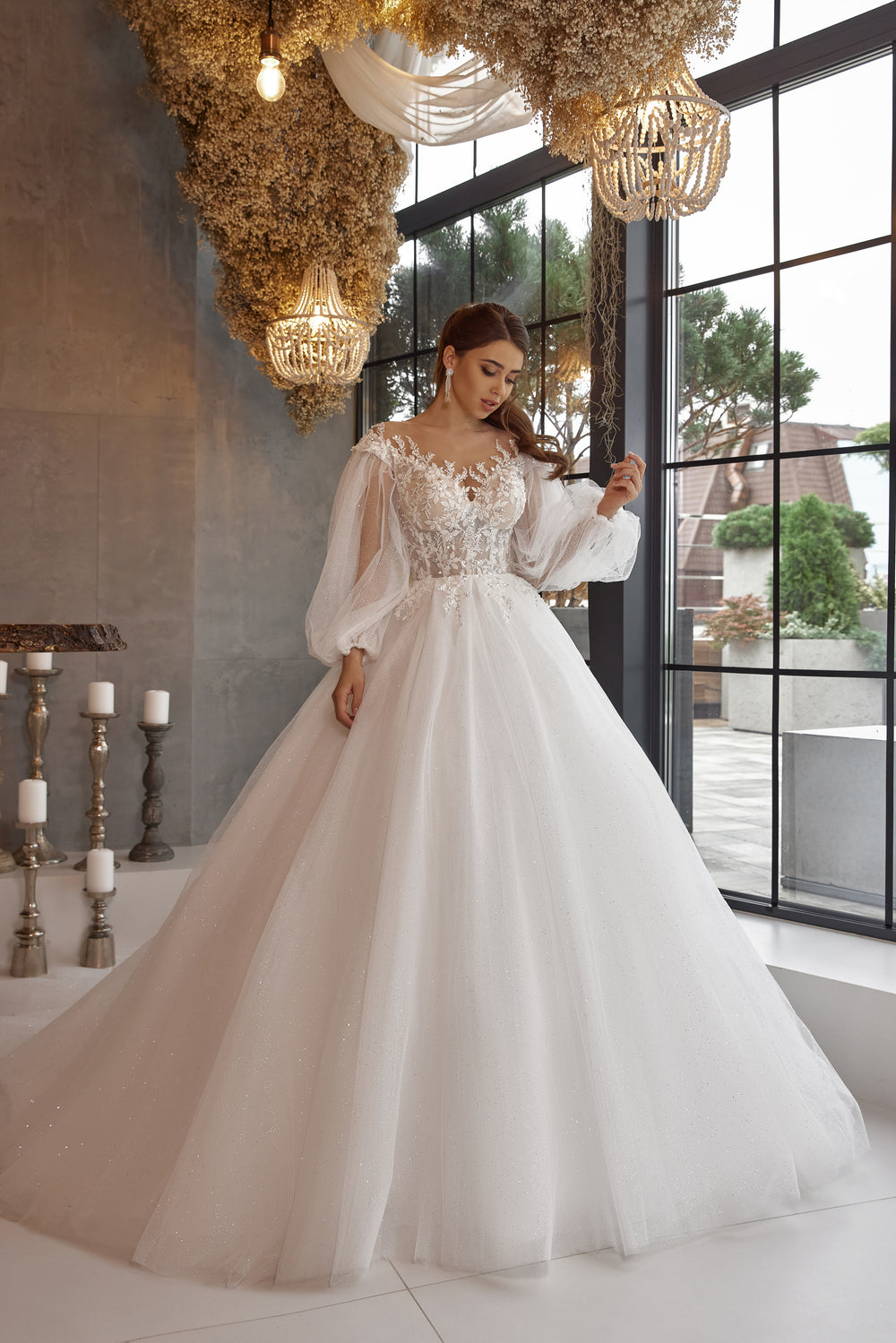 Ball Gown Wedding Dress in Tulle with Lace Appliqués and Beading, Off-The-Shoulder Illusion Neckline, Long Puff Sleeves, Cathedral Train