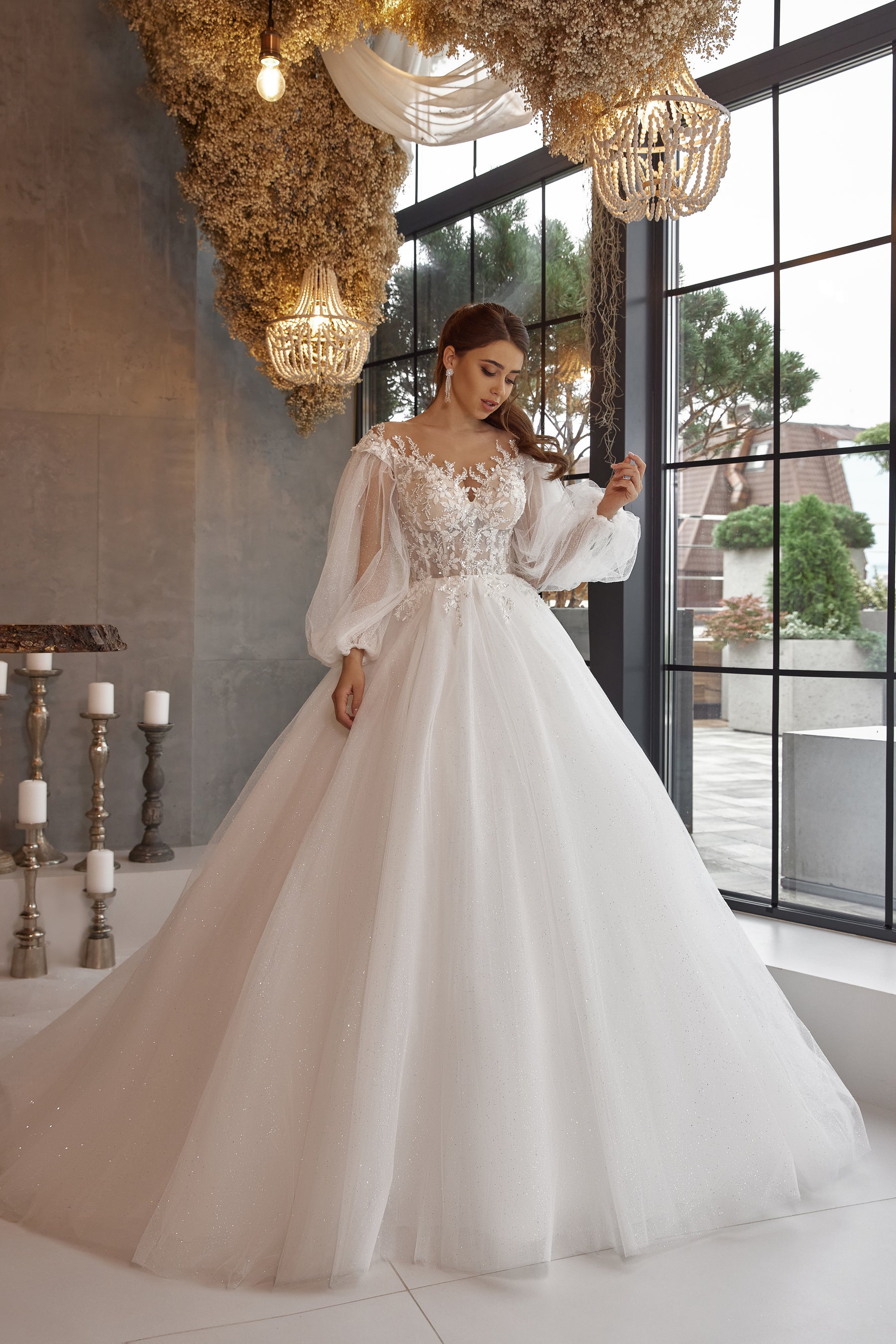 Ball Gown Wedding Dress in Tulle with Lace Appliqués and Beading, Off-The-Shoulder Illusion Neckline, Long Puff Sleeves, Cathedral Train