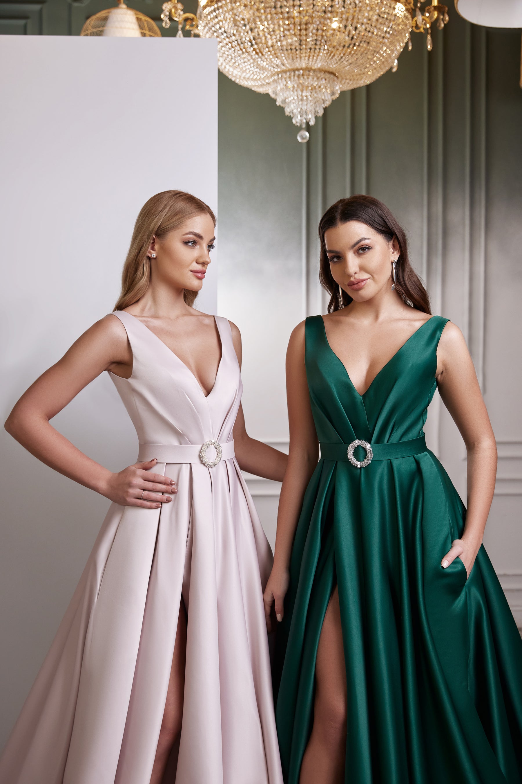 Satin Evening Dress with V-Neck, Slit Skirt and Belt