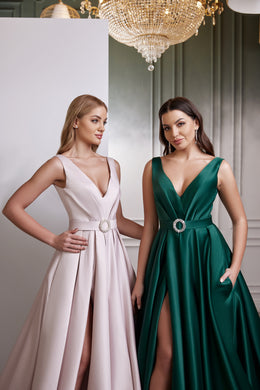 Satin Evening Dress with V-Neck, Slit Skirt and Belt
