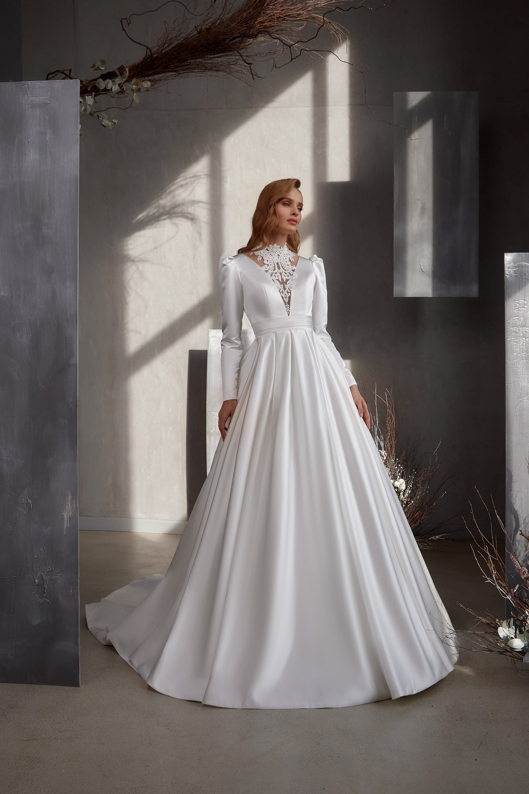 Satin Ball Gown Wedding Dress with Illusion Lace Neckline