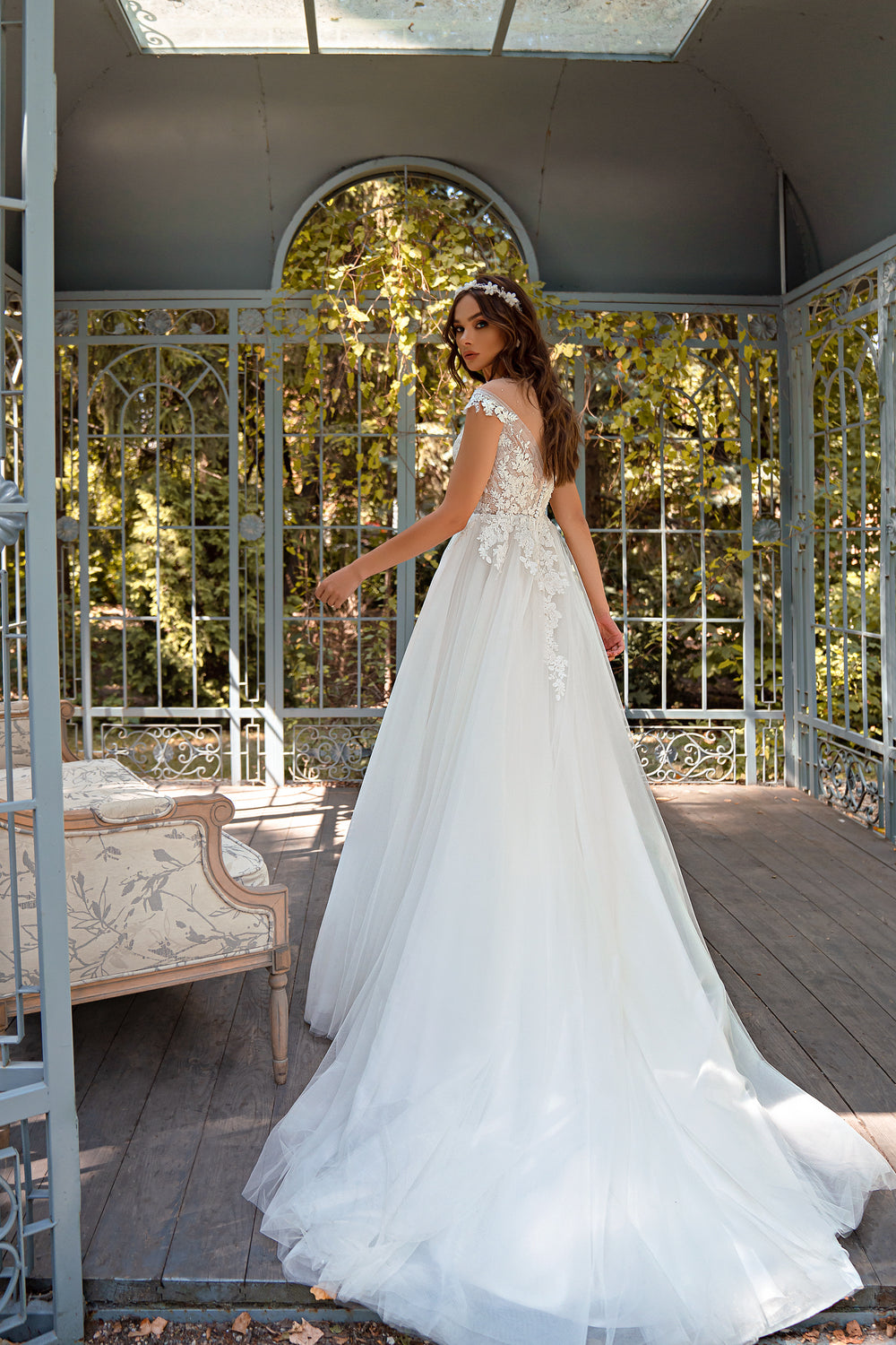 Romantic A-Line Wedding Dress with Graceful Slit, Translucent Corset, Elegant Drapery, Appliqués, Embroidered Pearls, Beads, Sequins, and Crystals, Fluffy Skirt