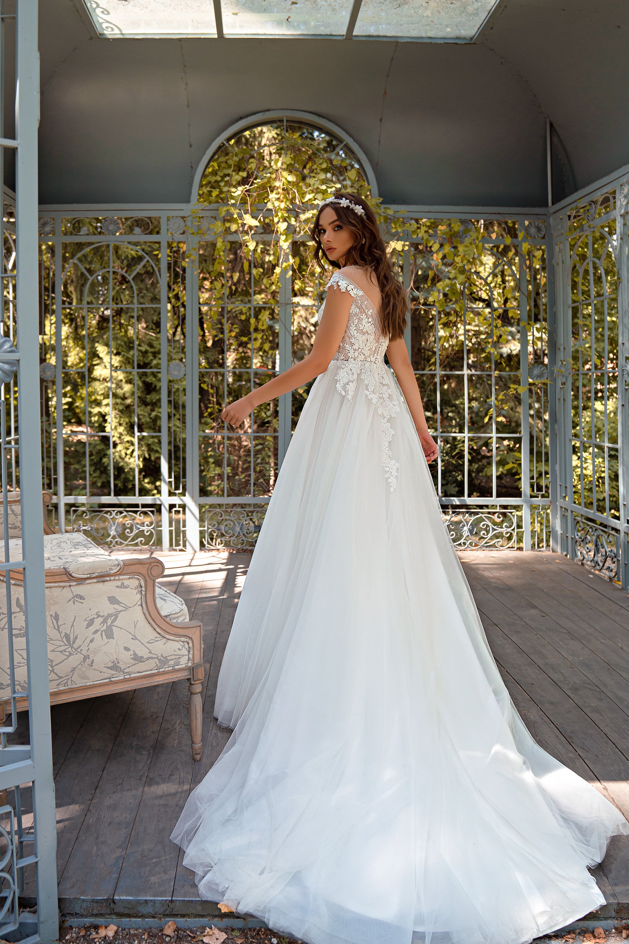 Romantic A-Line Wedding Dress with Graceful Slit, Translucent Corset, Elegant Drapery, Appliqués, Embroidered Pearls, Beads, Sequins, and Crystals, Fluffy Skirt