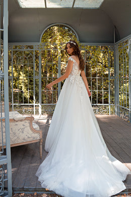 Romantic A-Line Wedding Dress with Graceful Slit, Translucent Corset, Elegant Drapery, Appliqués, Embroidered Pearls, Beads, Sequins, and Crystals, Fluffy Skirt