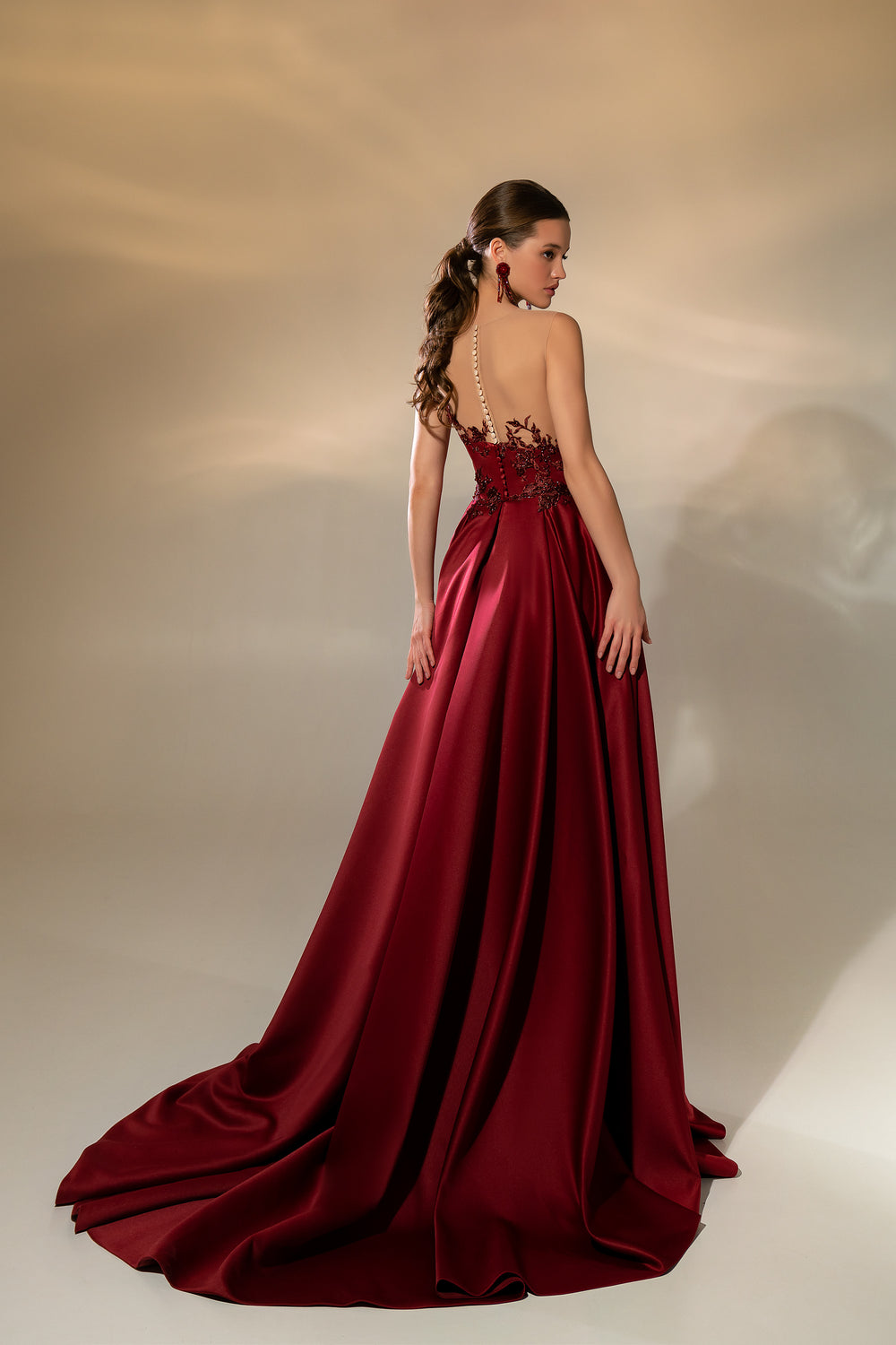 Women's Luxurious Satin Evening Dress with Embroidered Crystal Guipure and Asymmetrical Drapery