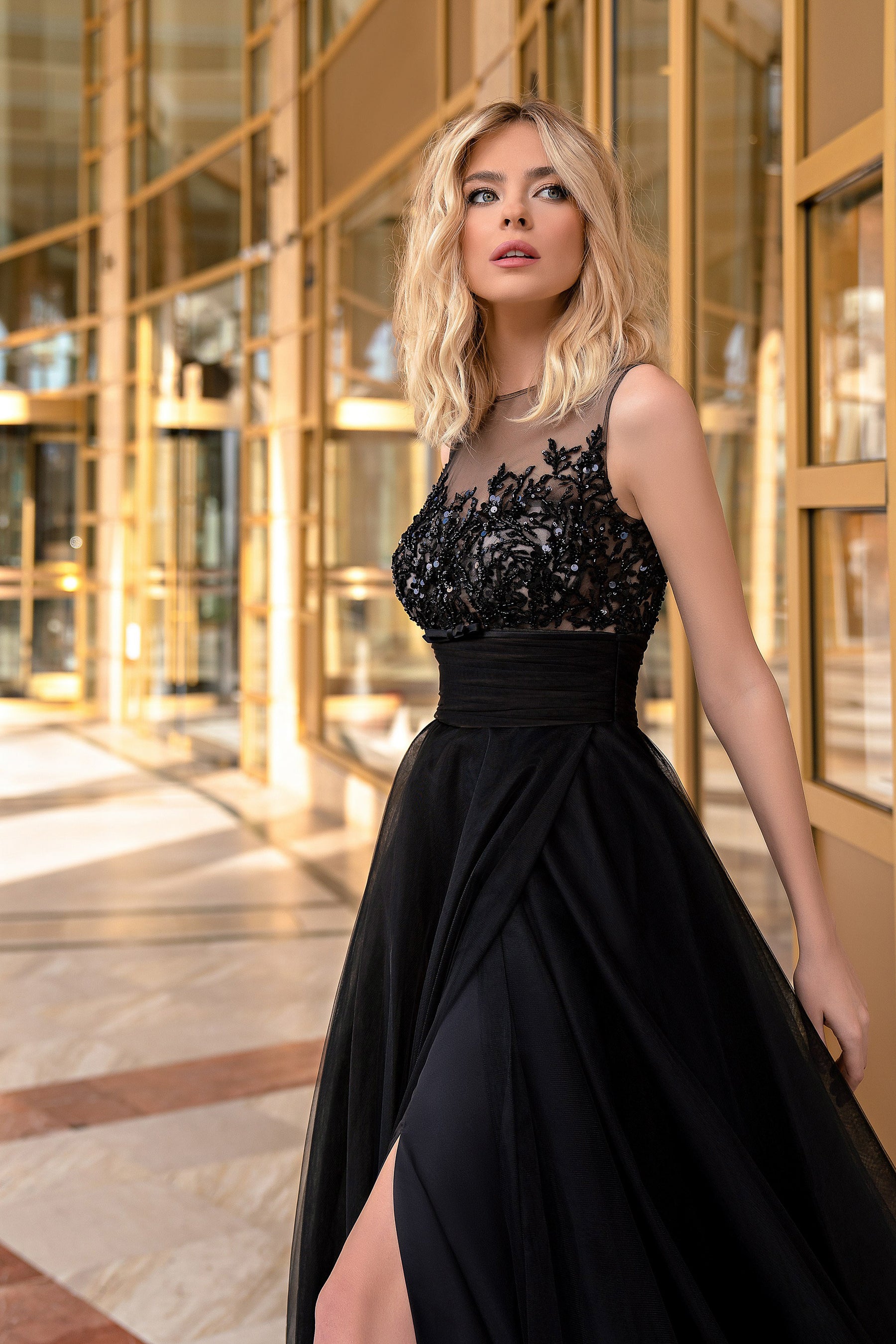Women's Black Prom Dress with Slit Skirt, Lace and Sequins