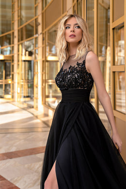 Women's Black Prom Dress with Slit Skirt, Lace and Sequins