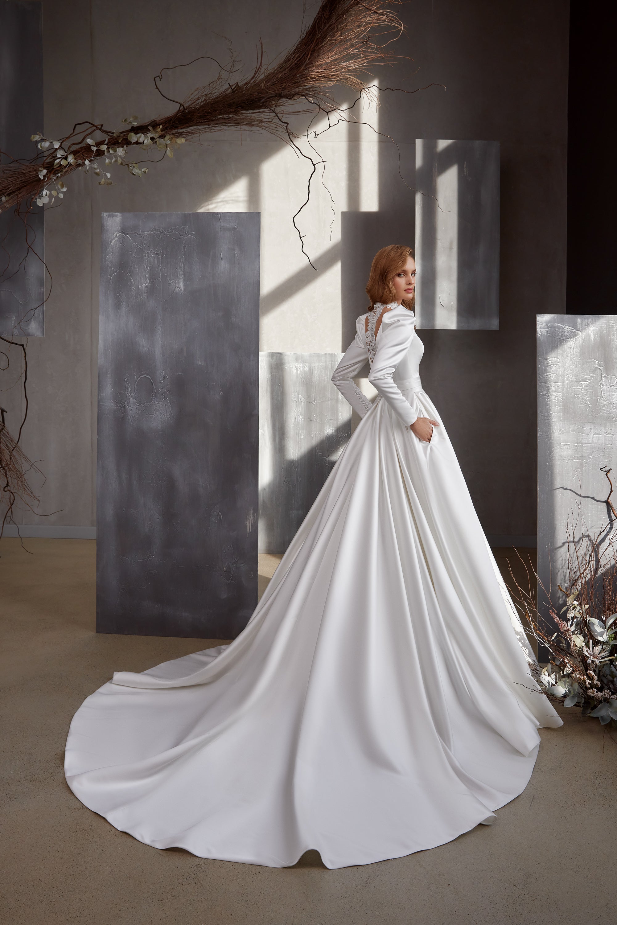 Satin Ball Gown Wedding Dress with Illusion Lace Neckline