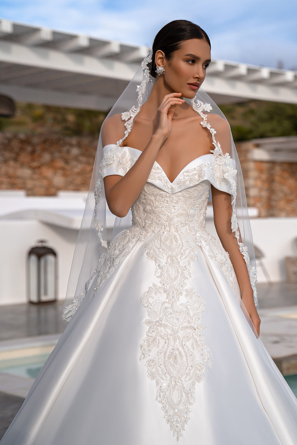 Designer Original "Spanish" Veil with Guipure, Beads, Pearls, Crystals, and Sequins - 1.5x1.5m with Loops