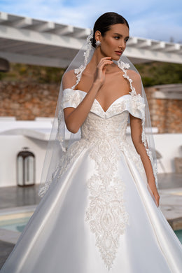 Designer Original "Spanish" Veil with Guipure, Beads, Pearls, Crystals, and Sequins - 1.5x1.5m with Loops