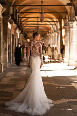 Stunning Mermaid Wedding Dress with Long Lace Sleeves, Amazing Lace Back, and Buttons Back - Tulle Skirt