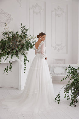 A-Line Wedding Dress with Bishop Sleeves and Lace Bodice