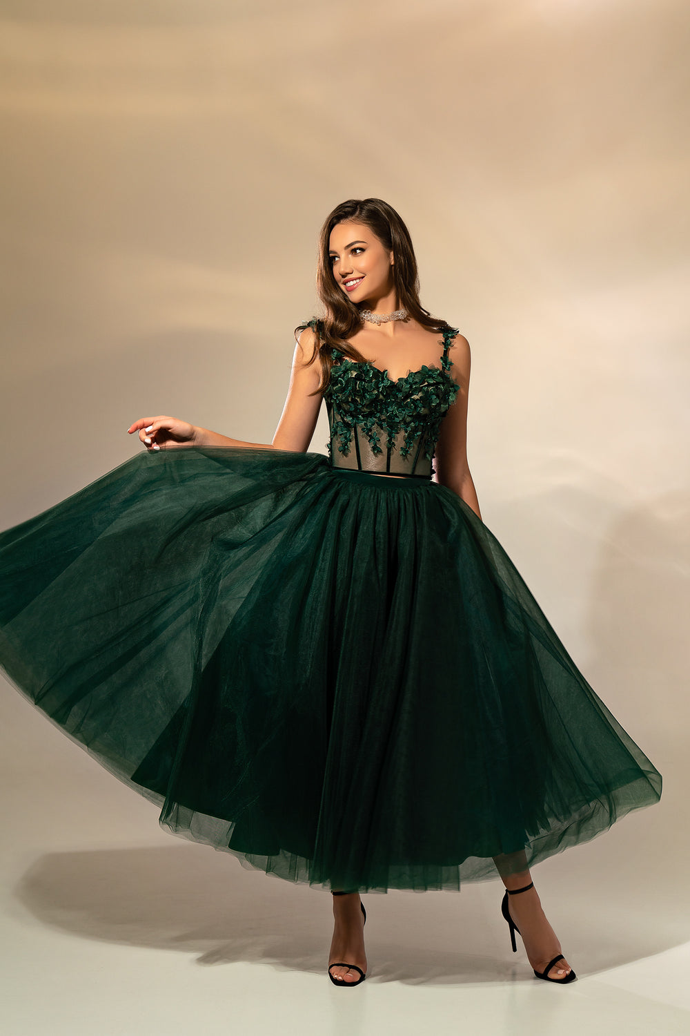Women's Velvet Ribbon 3D Flower Shoulder Straps Evening Gown Set