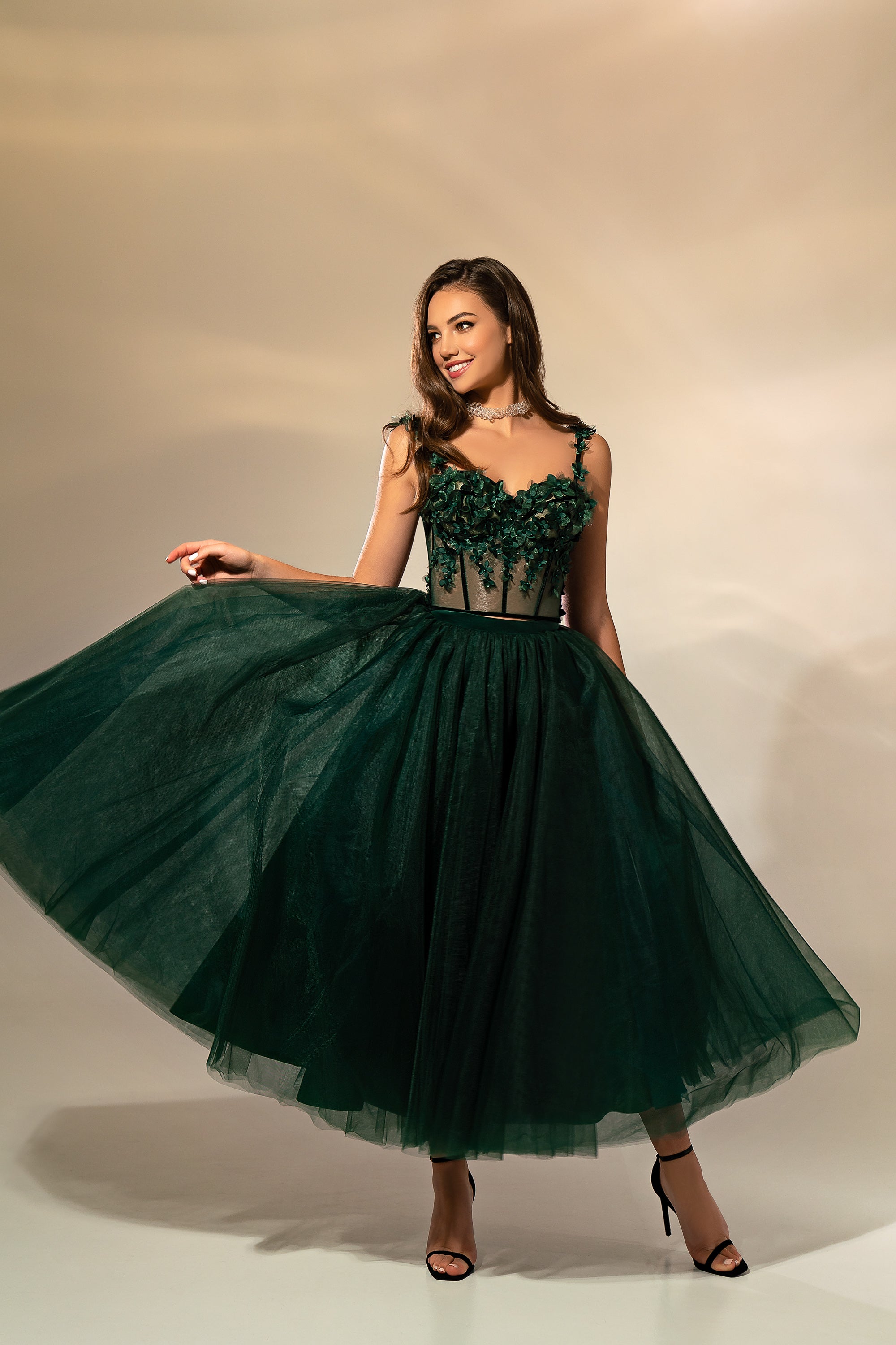 Women's Velvet Ribbon 3D Flower Shoulder Straps Evening Gown Set