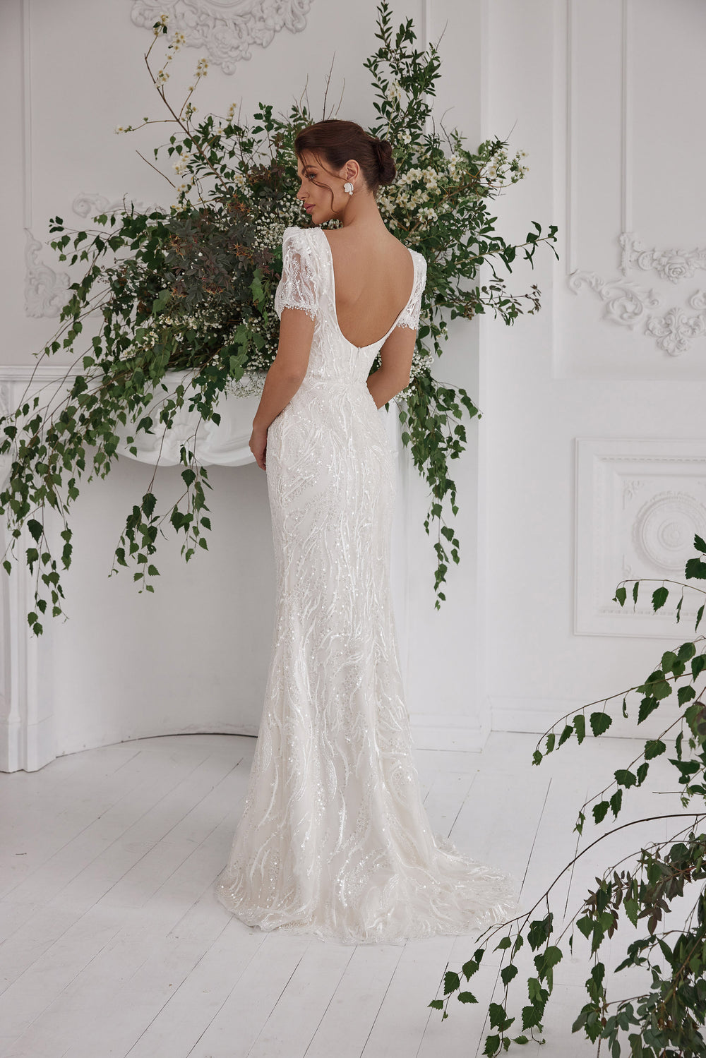 Sheath Wedding Dress with Beaded Lace and Puff Sleeves