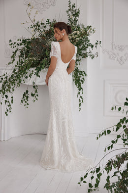 Sheath Wedding Dress with Beaded Lace and Puff Sleeves