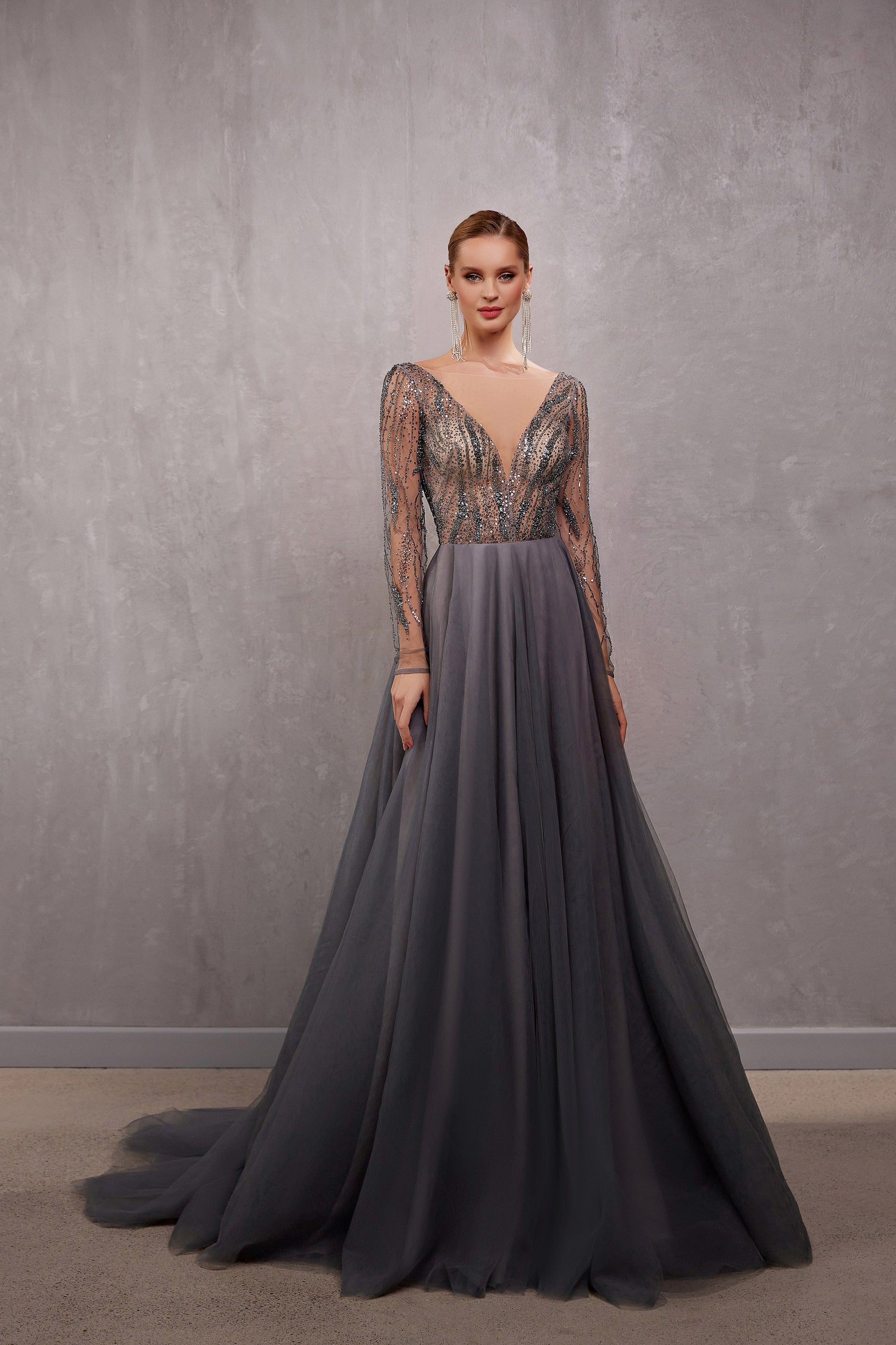 Women's Special Occasion Dress - Deep V-Neck, Long Sleeves, Sequins, Smoky Color