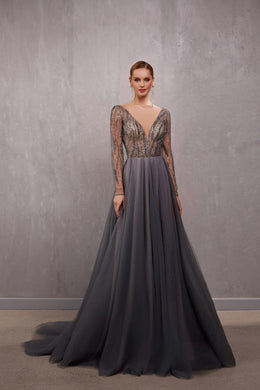 Women's Special Occasion Dress - Deep V-Neck, Long Sleeves, Sequins, Smoky Color