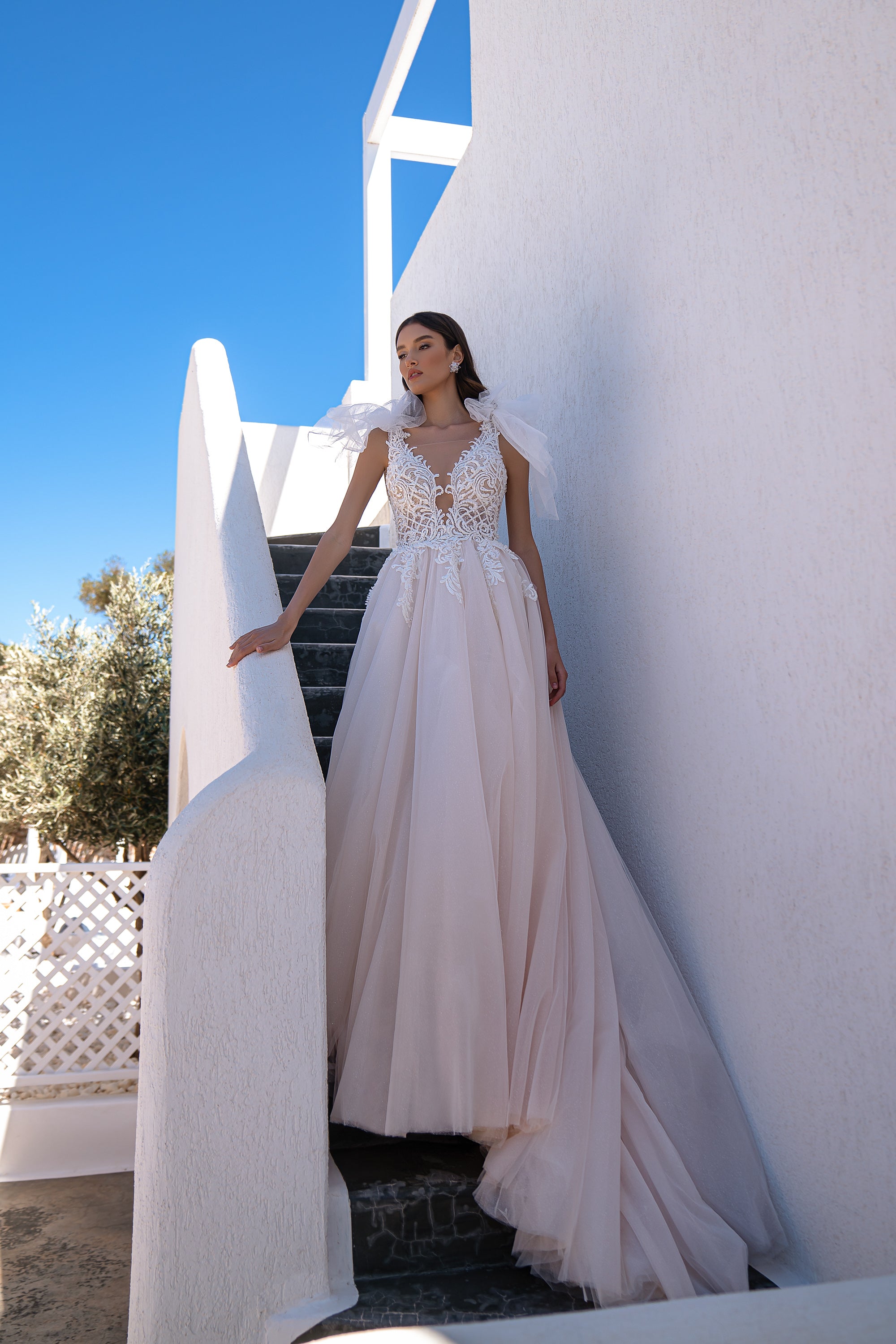 Blush Tulle A-Line Wedding Dress with Plunging V-Neck and Shoulder Bows