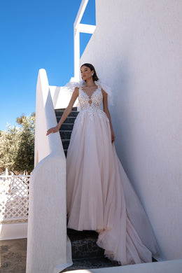Blush Tulle A-Line Wedding Dress with Plunging V-Neck and Shoulder Bows