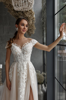 Romantic A-Line Wedding Dress With Lace Appliqués And Beading On Bodice, Off-The-Shoulder Neckline, Tulle Skirt And Cathedral Train