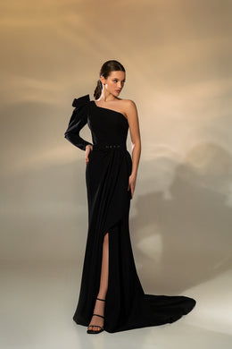 Women's Elegant Minimalist Evening Dress in Soft Stretch Crepe with Asymmetrical Corset and Wrap Skirt