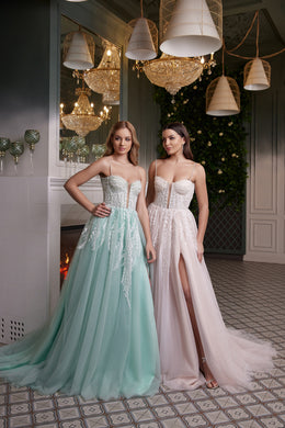 Pastel mint and blush evening dresses with glittering lace bodices, thin straps, and flowing tulle skirts
