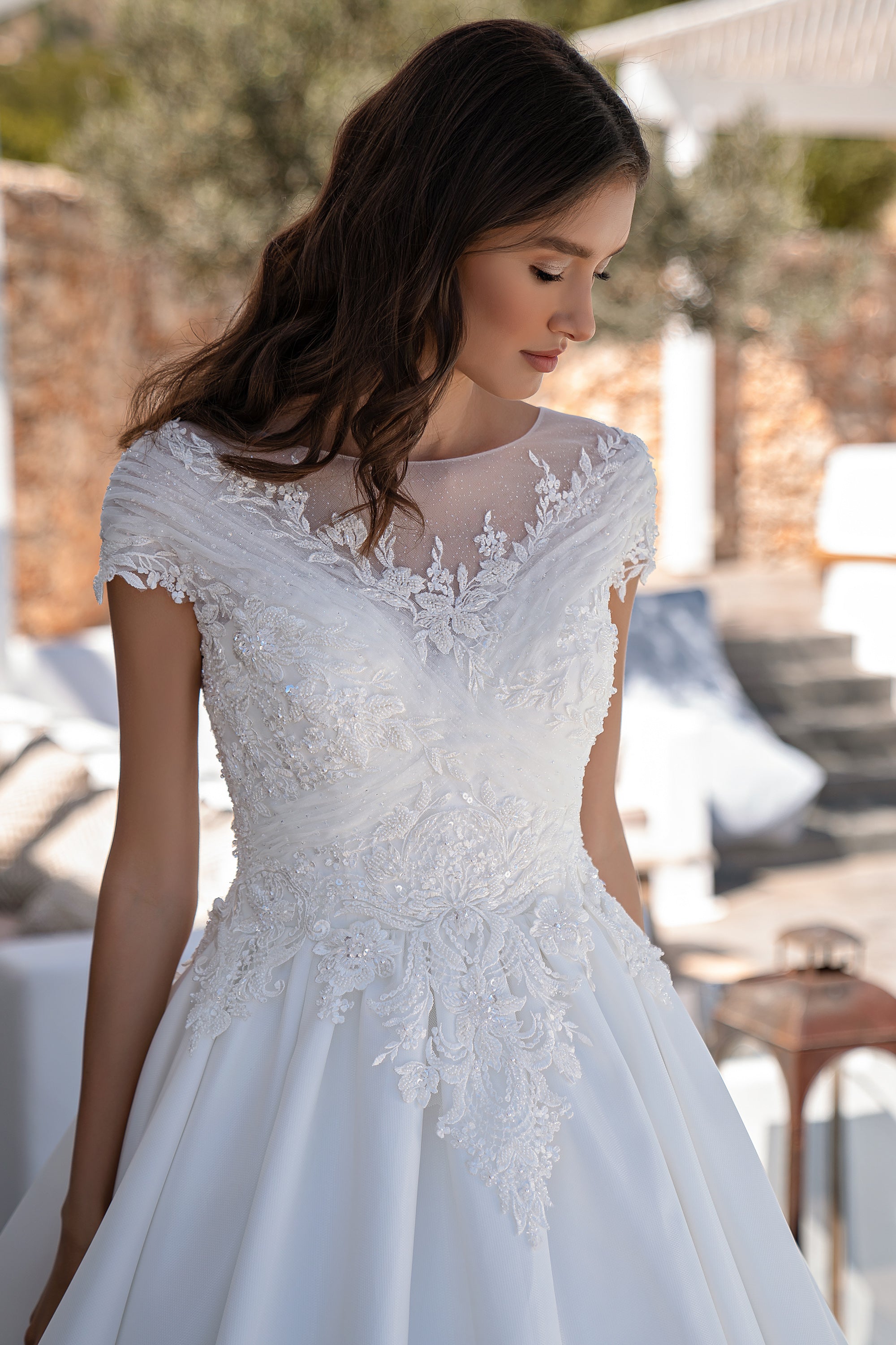 Romantic Princess Wedding Dress with Detachable Skirt & Train, Boat Neckline, Crystal Embroidery & Tulle Sparkle