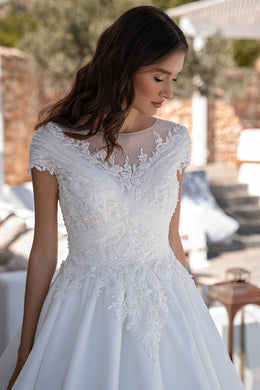 Romantic Princess Wedding Dress with Detachable Skirt & Train, Boat Neckline, Crystal Embroidery & Tulle Sparkle