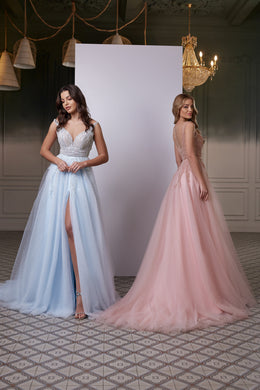 Blue and blush pink A-line evening dresses with sparkling bodices, tulle skirts, and a front slit