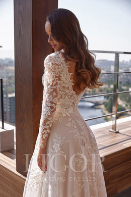 A-Line Wedding Dress With Floral Lace Appliqués, Illusion Neckline, Long Sleeves, Lace Over Tulle, Cathedral Train, Floor-Length, Romantic