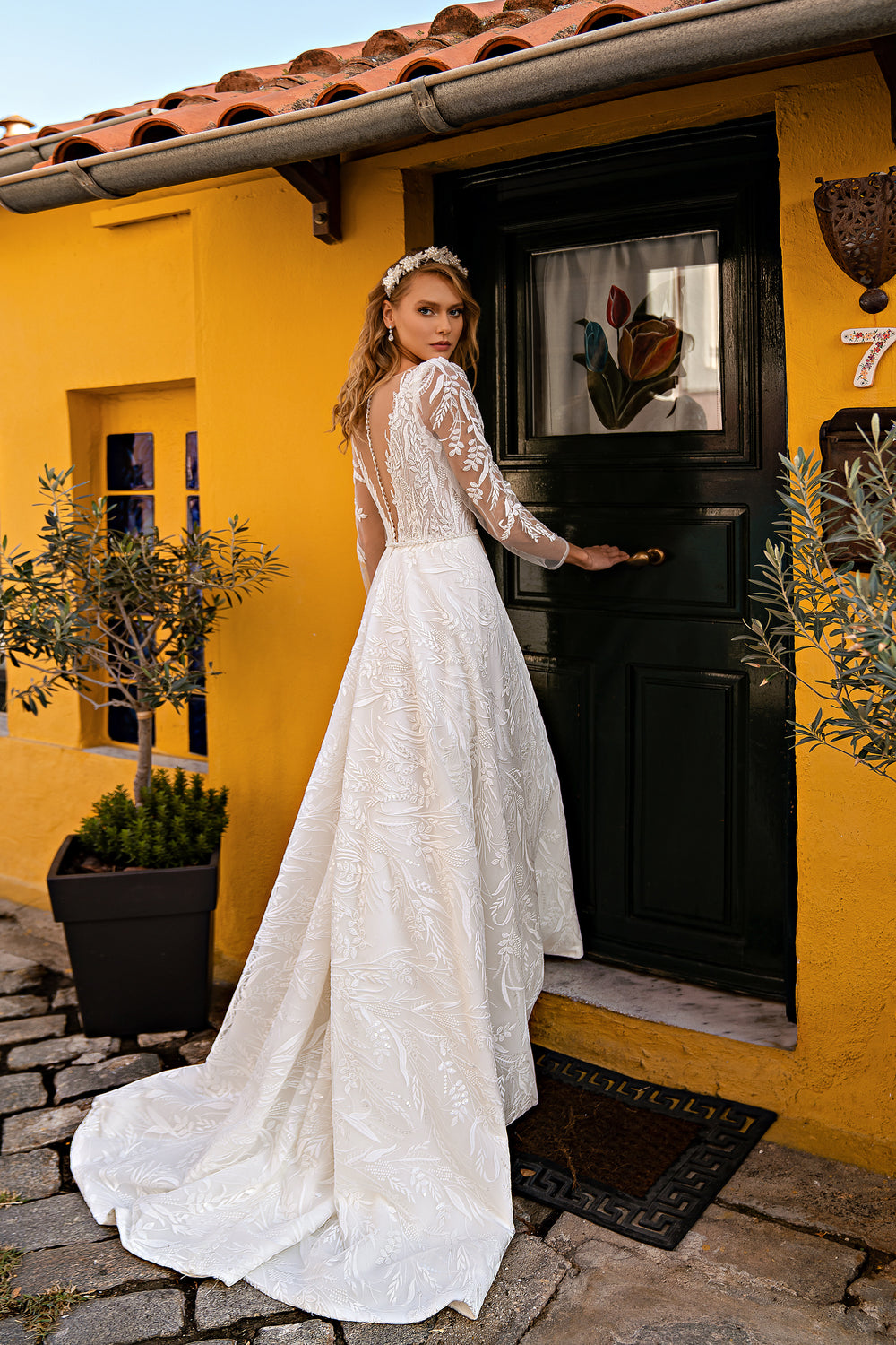 Elegant Extravagant Wedding Dress with Guipure, Sequins, Embroidered Appliqués, Beads, Pearls, Crystals, and Buttons