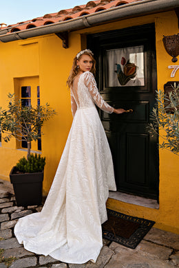 Elegant Extravagant Wedding Dress with Guipure, Sequins, Embroidered Appliqués, Beads, Pearls, Crystals, and Buttons