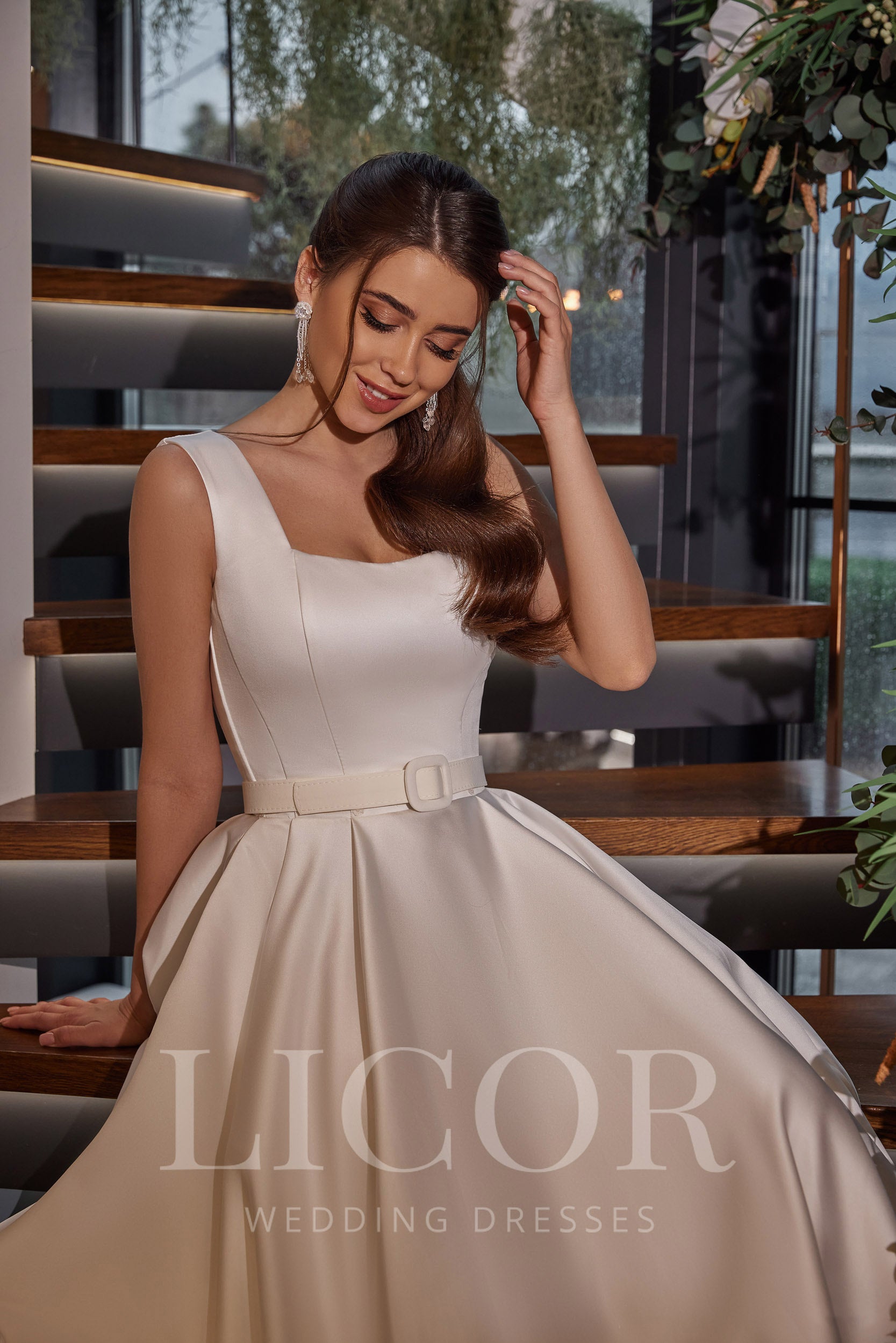 A-Line Satin Wedding Dress, Square Neck, Sleeveless, Flattering Waist, Full Skirt, Minimalist Bridal Couture