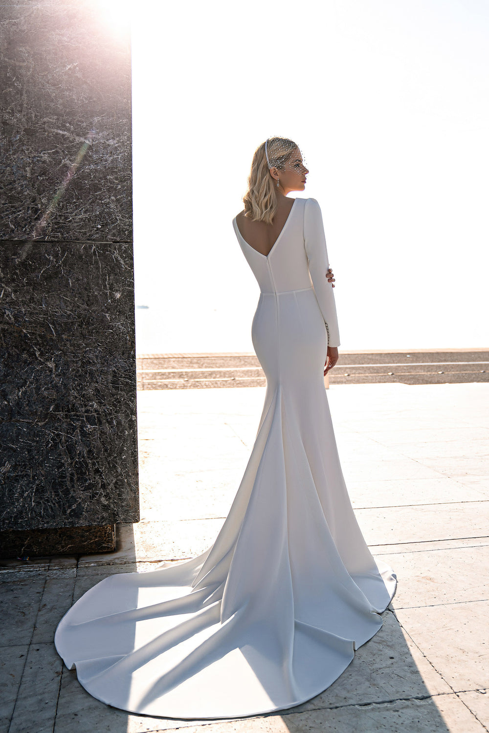 Mermaid V-Neck Wedding Dress with Detachable Chapel Train and Long Sleeves
