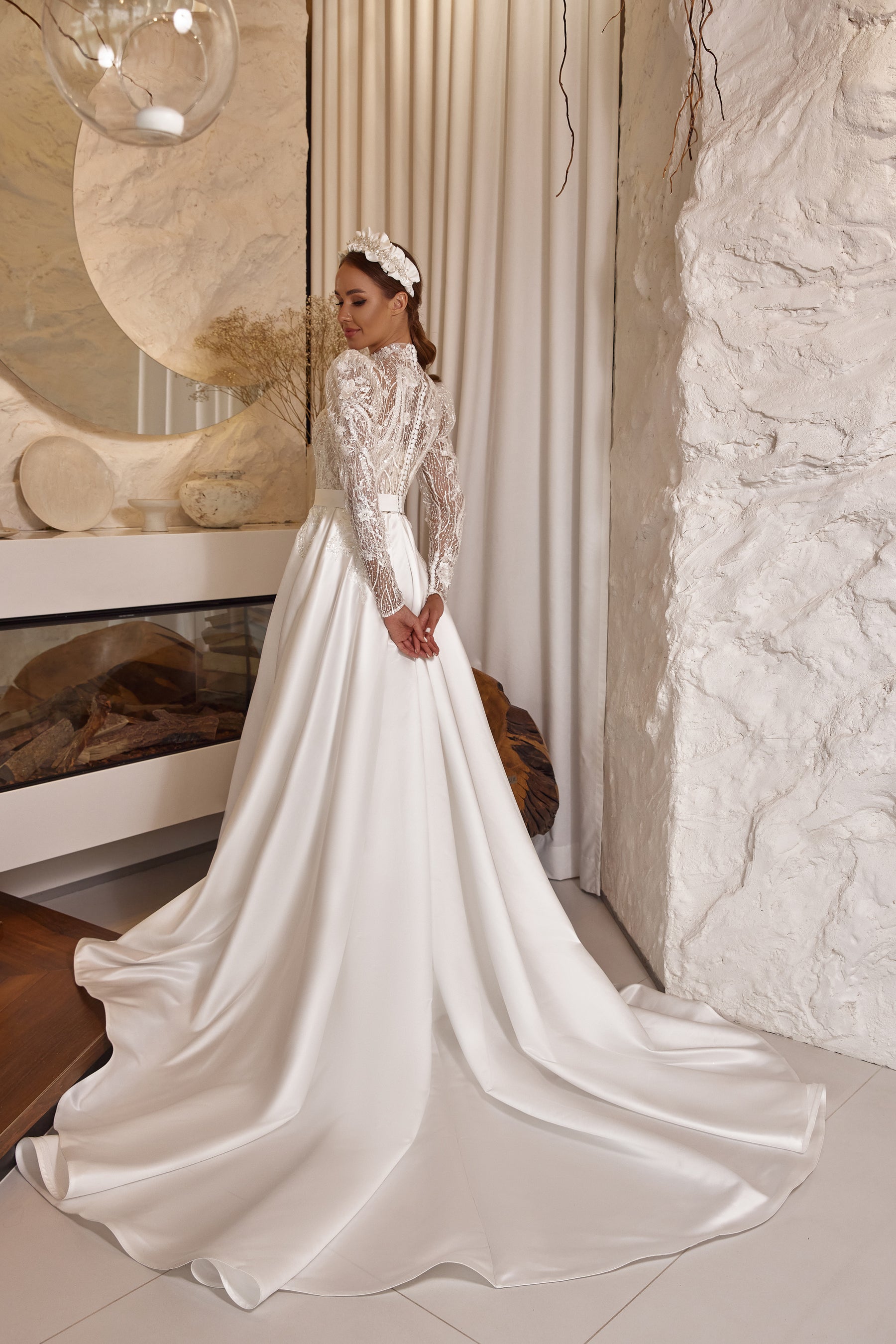 Ball Gown Wedding Dress with Lace Appliqués and Beading, High Neck Long Sleeve Lace Bodice, Satin Skirt, Cathedral Train