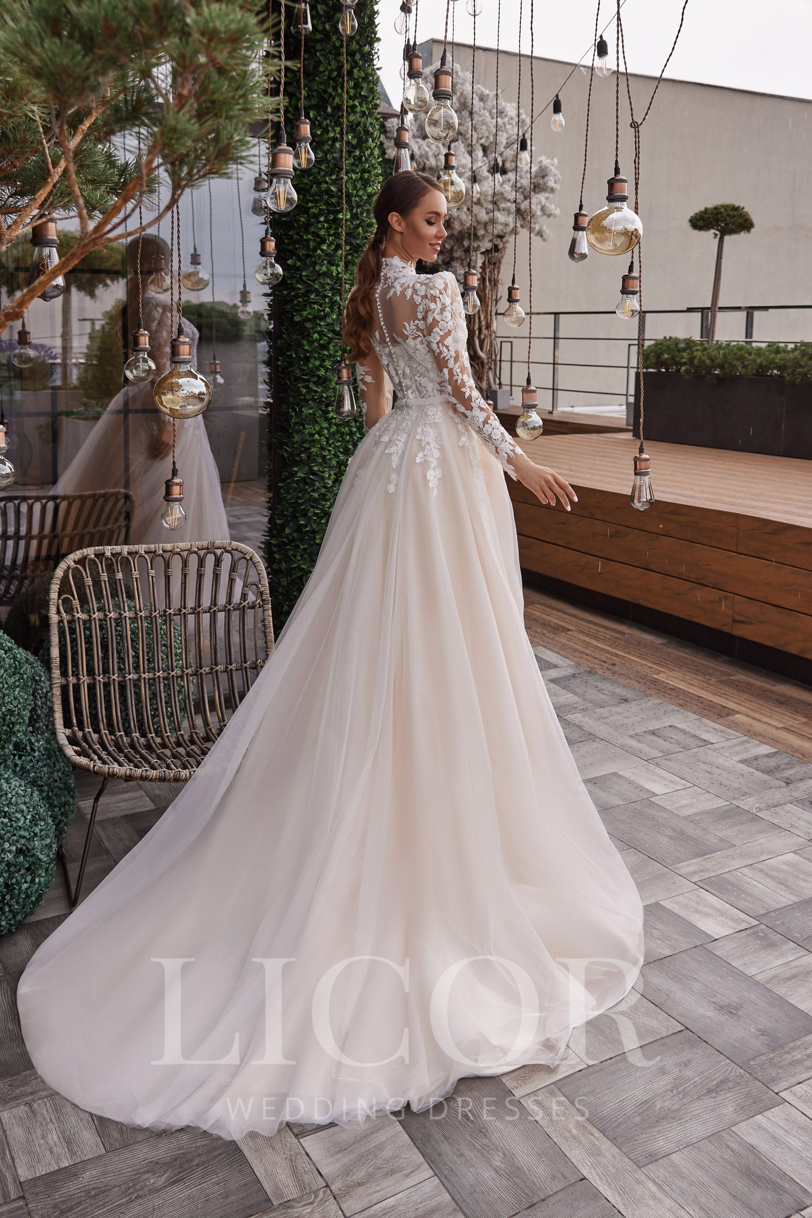 Ball Gown Wedding Dress With Lace Appliqués, High Illusion Neckline, Long Lace Sleeves, Tulle Skirt, Illusion Back, Cathedral Train