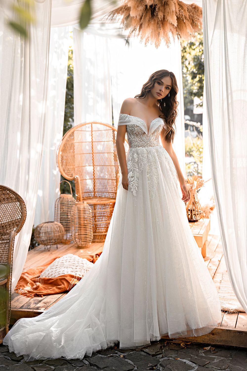 Designer Wedding Dress with Translucent Corset, Open Shoulders, Guipure Appliqués, Buttons, Fluffy Skirt, and Glitter