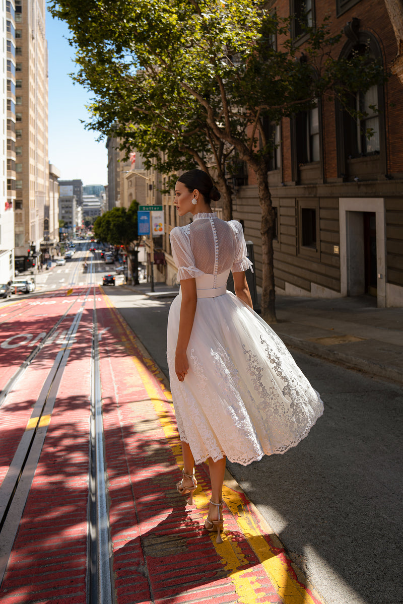Tea Length A-Line Wedding Dress with Detachable Bolero