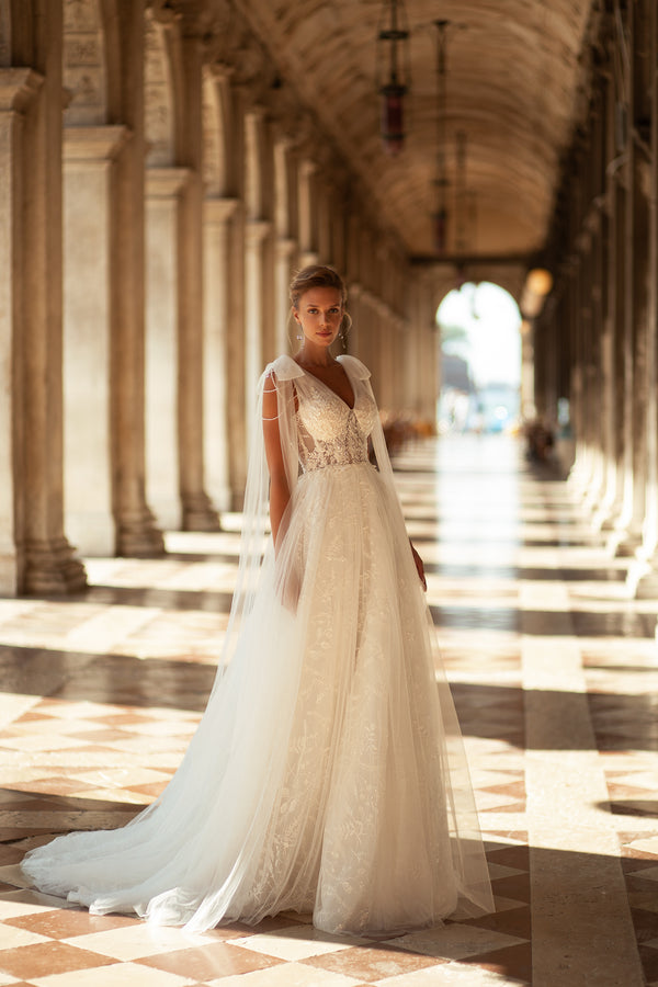 A-Line Bridal Gown with Tulle Fabric, Court Train, Beaded Lace, Decorated Shoulders, Low Back, and Corset Lacing Back