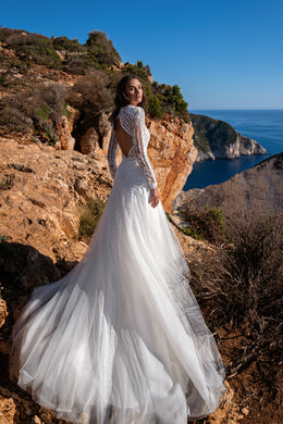 Sophisticated Wedding Dress with Guipure Embroidery and Boho Braid, Unique Back Cut with Buttons