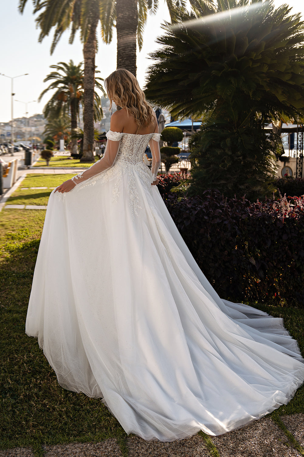 Beautiful Off-the-Shoulder Wedding Dress with Embroidered Guipure and Beads