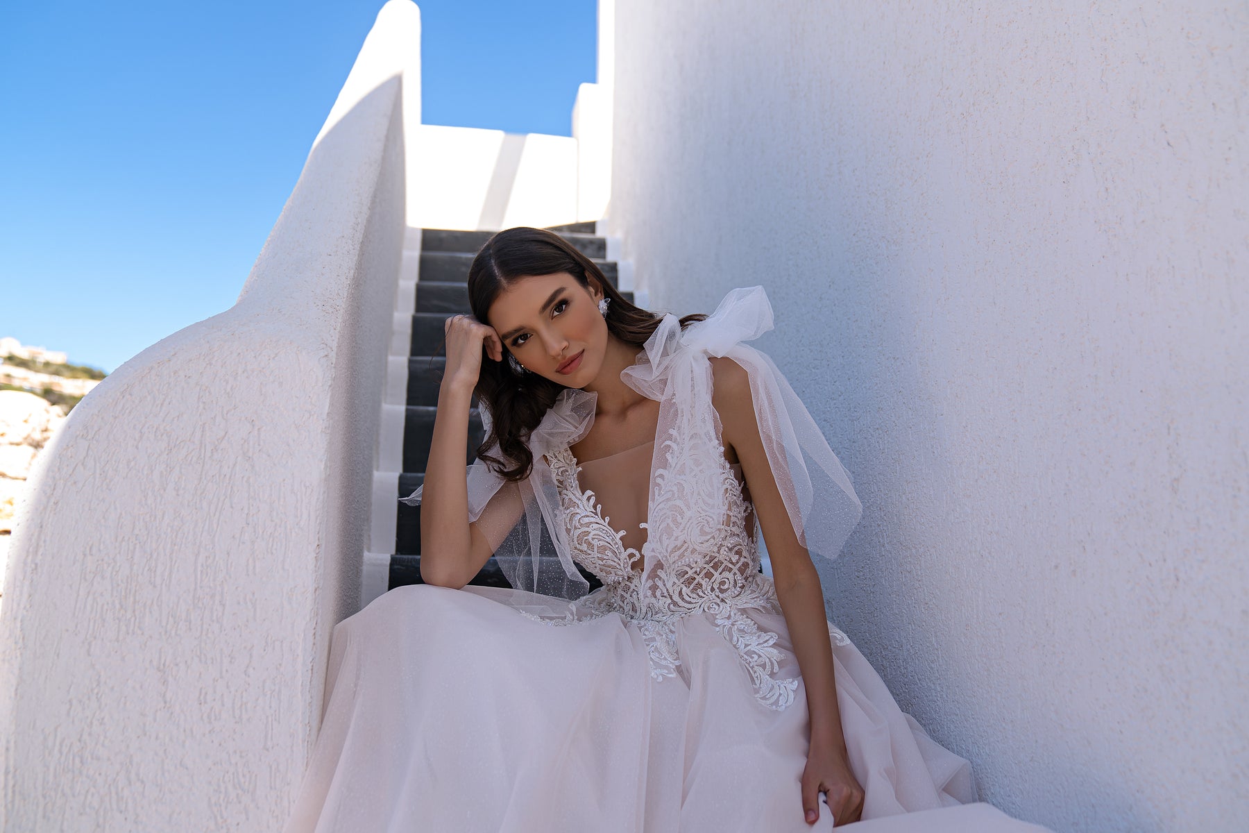 Blush Tulle A-Line Wedding Dress with Plunging V-Neck and Shoulder Bows