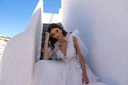 Blush Tulle A-Line Wedding Dress with Plunging V-Neck and Shoulder Bows
