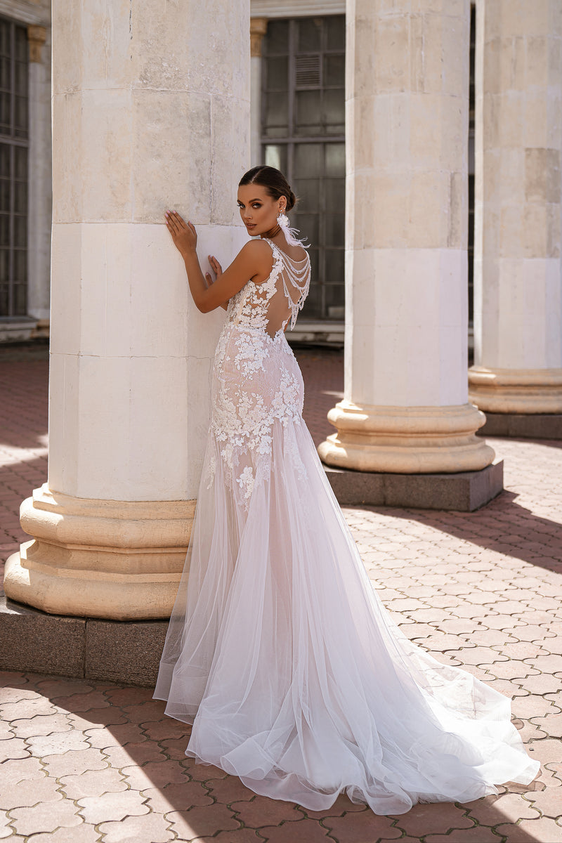 Mermaid Wedding Dress with Floral Lace and Beaded Illusion Back