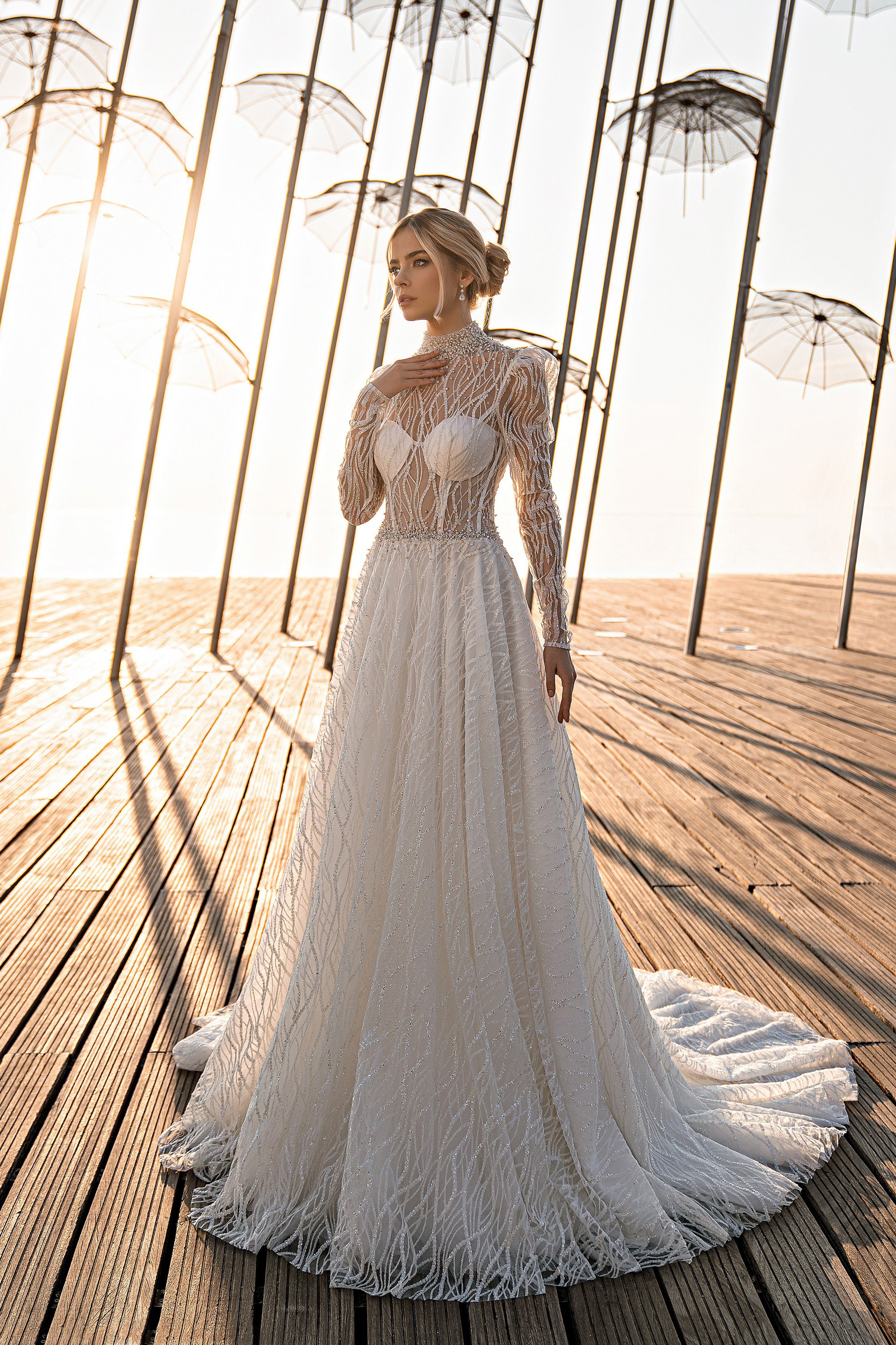 A-Line Wedding Dress with Beaded High Neck Bodice
