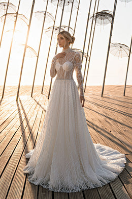 A-Line Wedding Dress with Beaded High Neck Bodice