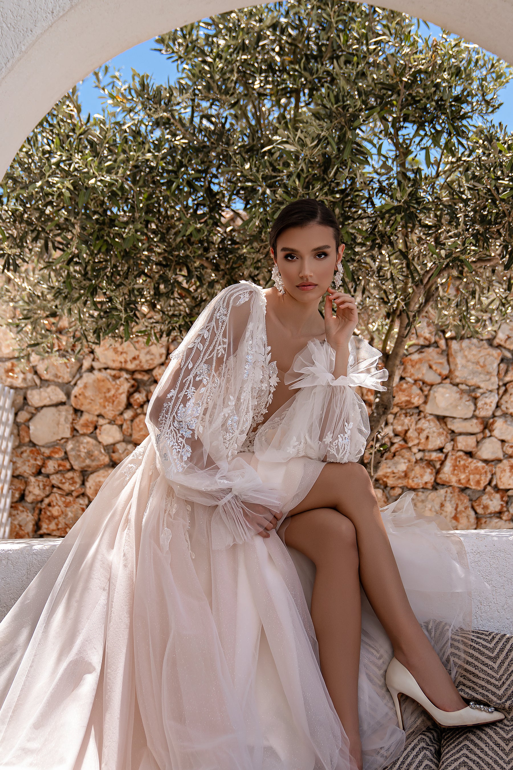 A-Line Wedding Dress with Detachable Lace Bishop Sleeves